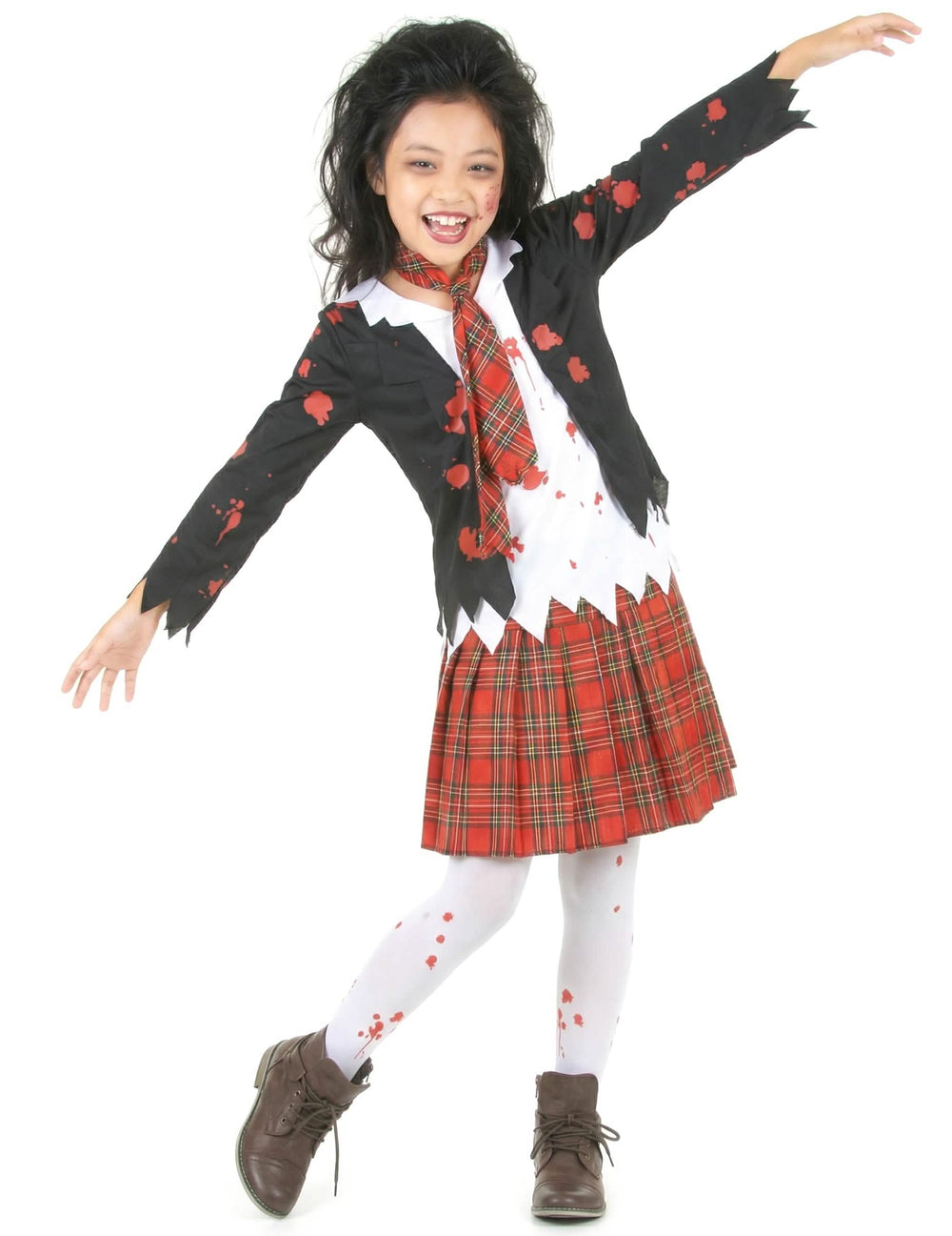 Edestä, kädet levällään, zombietytön koulutytön halloween-asun kuva