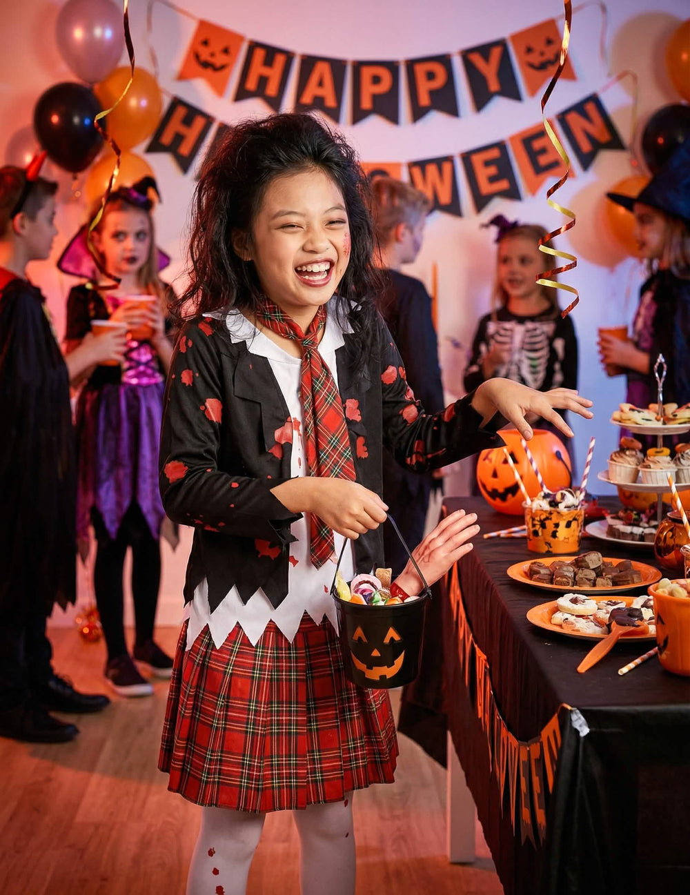Juhlava zombietyttöjen koulutytön naamiaisasu halloweeniksi