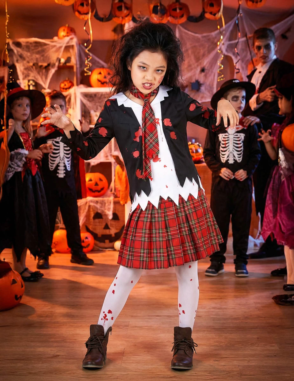 Tilanne asetettu halloween-teemaisessa ympäristössä zombiet koulutytön asussa tytöt halloween