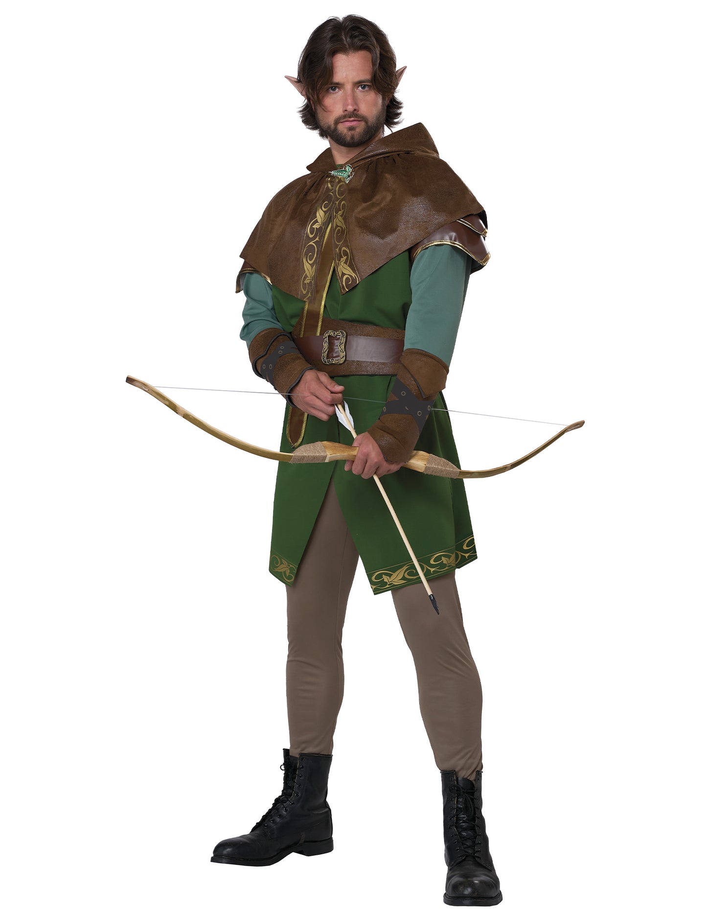 Vue de face avec arc et flèche du déguisement elfe archer pour adulte