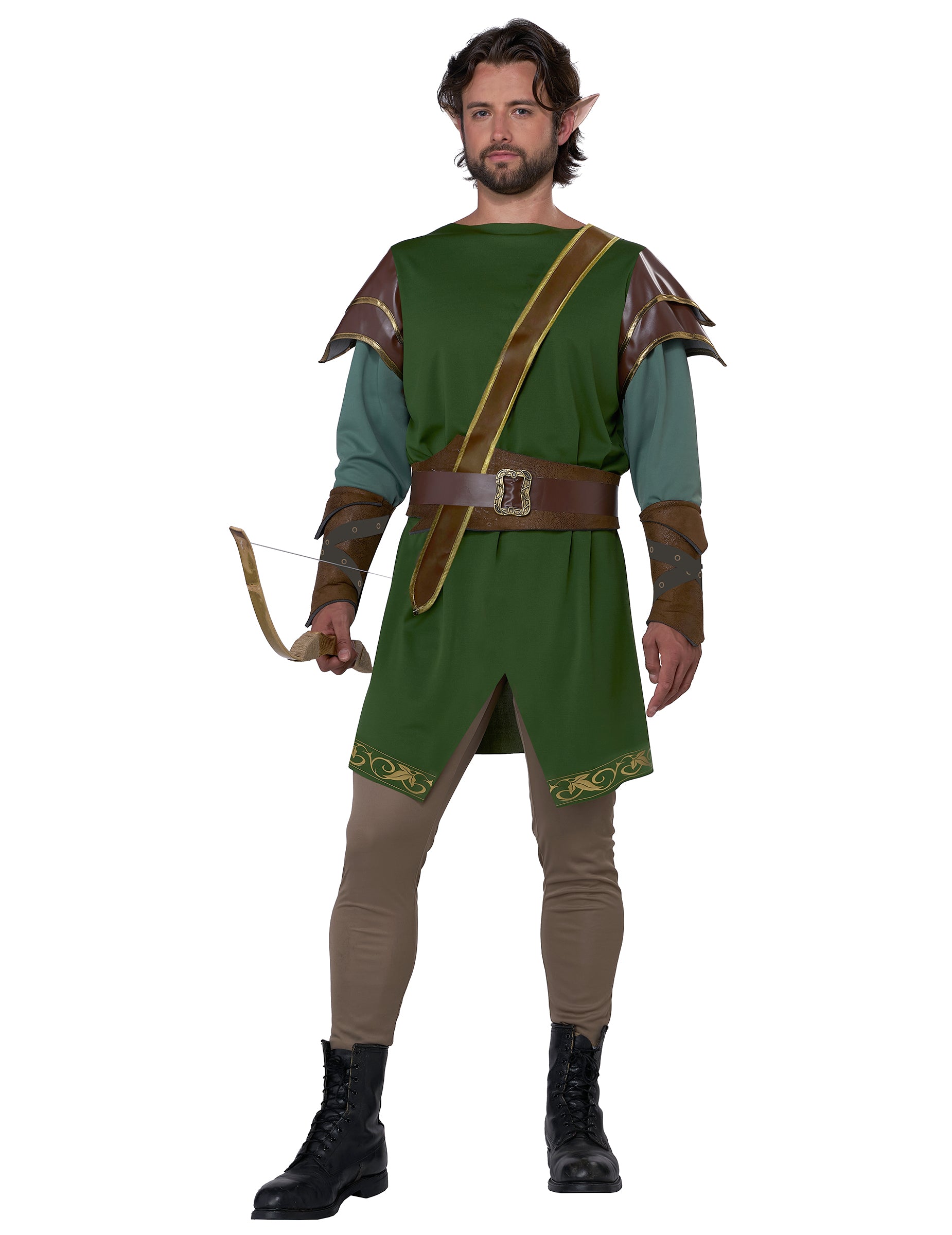 Vue de face sans capuche du déguisement elfe archer pour adulte