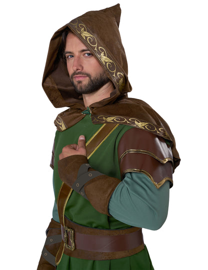 Détail de la capuche et de l'épaulette du déguisement elfe archer pour adulte