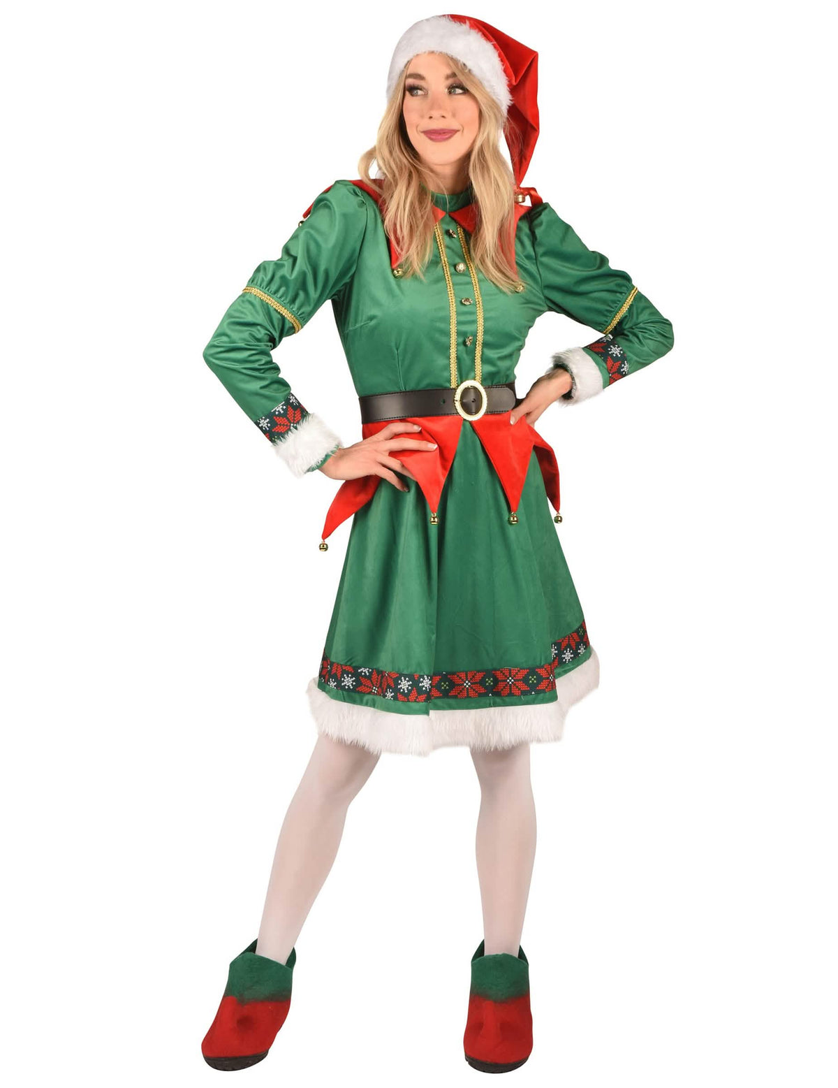 Joulun luksus-elfin asu naisille vihreä ja punainen lakilla
