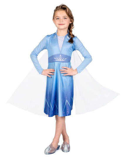 Vue de face de la robe d'Elsa du déguisement de couple Elsa et Anna La Reine des Neiges pour enfants