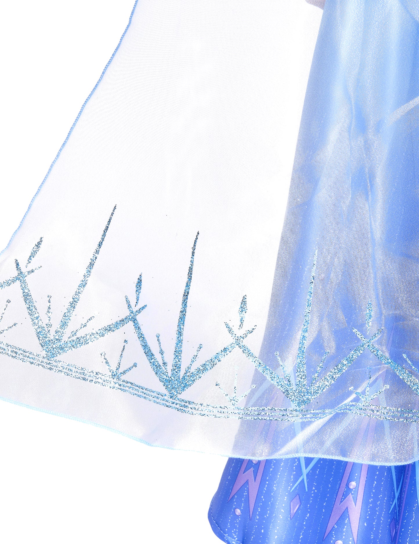 Détail du bas du voile avec motifs pailletés du déguisement Elsa Reine des Neiges 2 deluxe