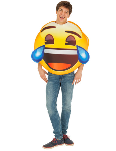 Déguisement Emoji fou rire pour adulte jaune avec larmes bleues