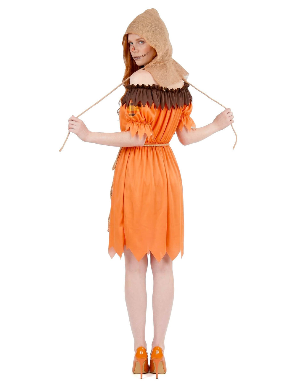 Vue de dos du déguisement d'épouvantail pour femme orange