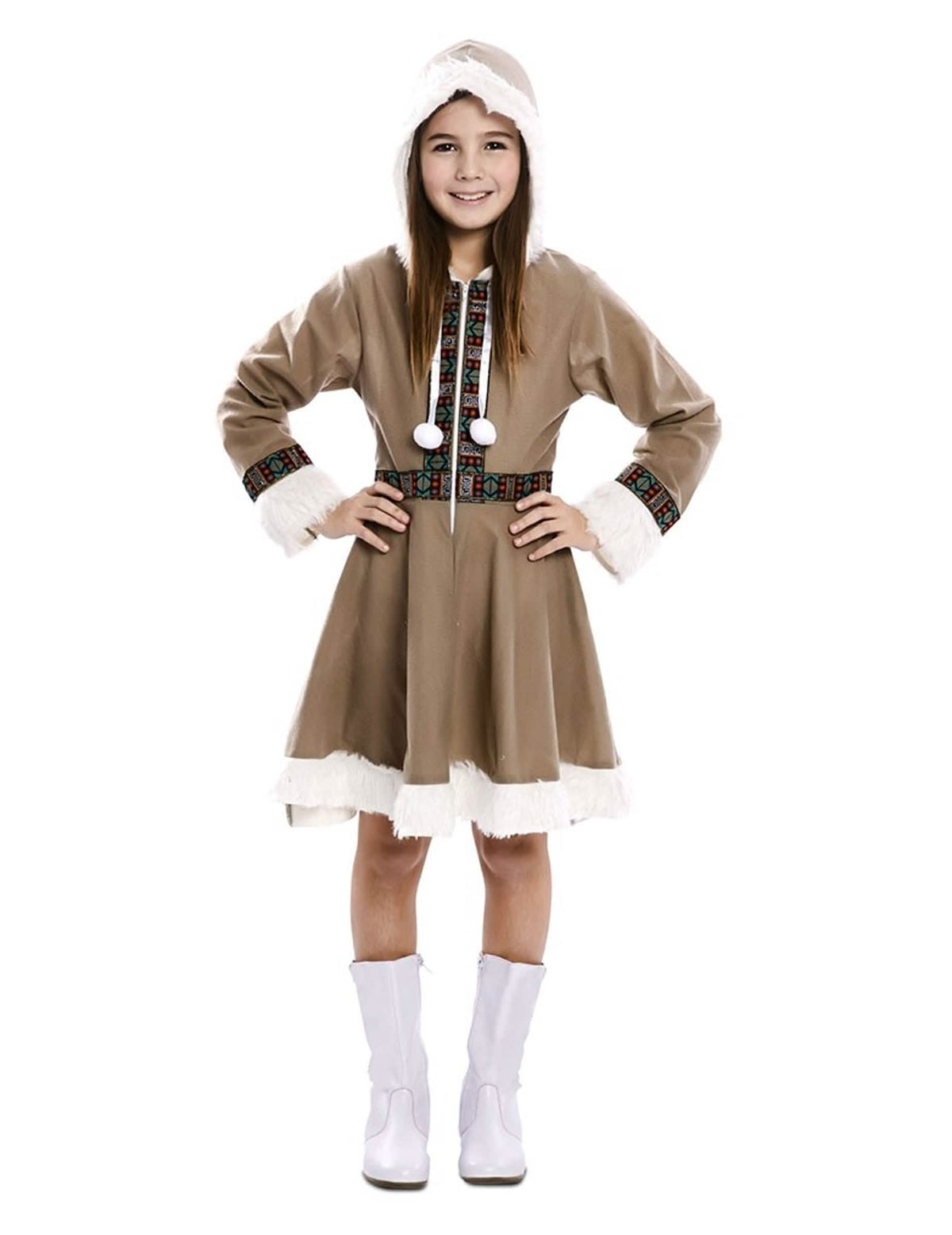 Déguisement robe inuite pour fille marron et blanc avec capuche en fourrure