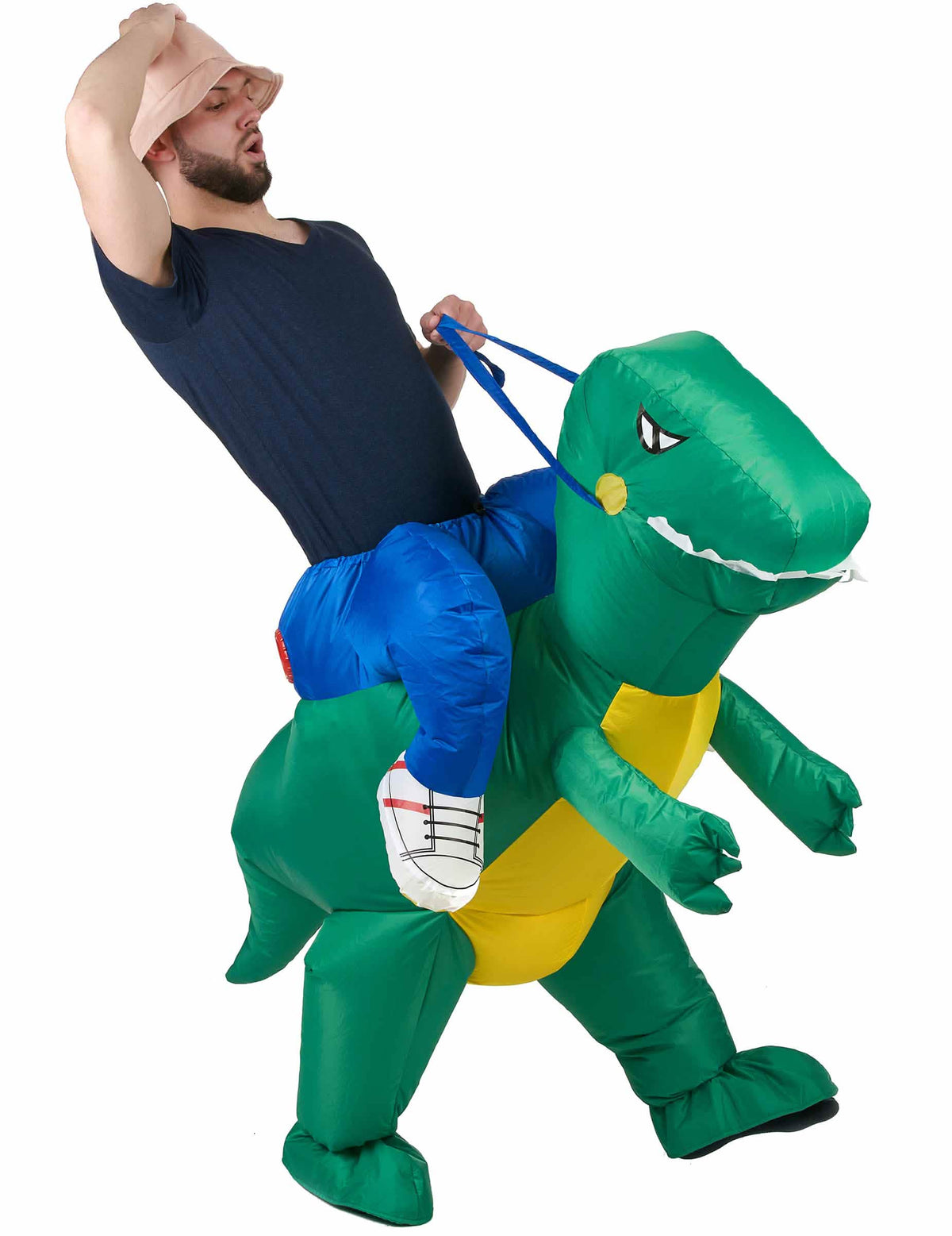 Dinosaure-dinosaurus-reppijalkainen tutkimusmatkailijan naamiaisasu aikuisille carry me vihreä ja keltainen