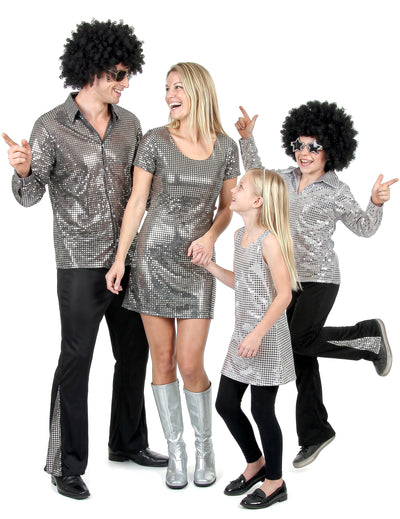 Kimmeltävä Discoperhe - hopeanvärinen naamiaisasusetti