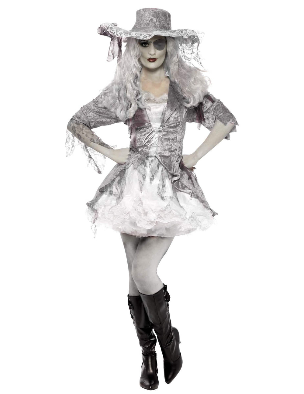 Vue de face du déguisement de pirate fantôme pour femme