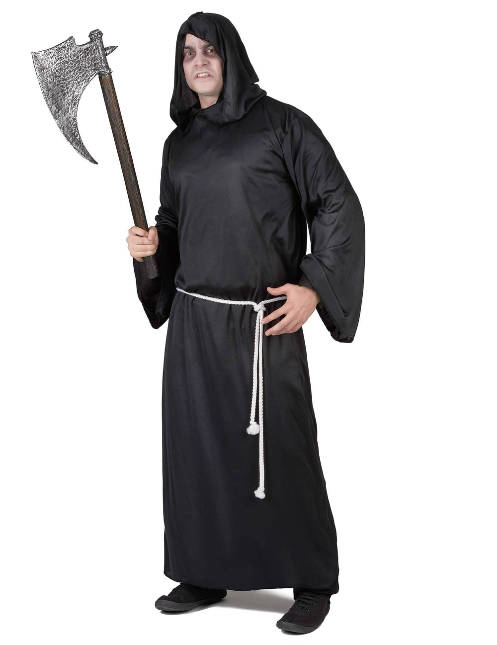 Déguisement de faucheur lugubre pour homme noir avec ceinture cordelette blanche