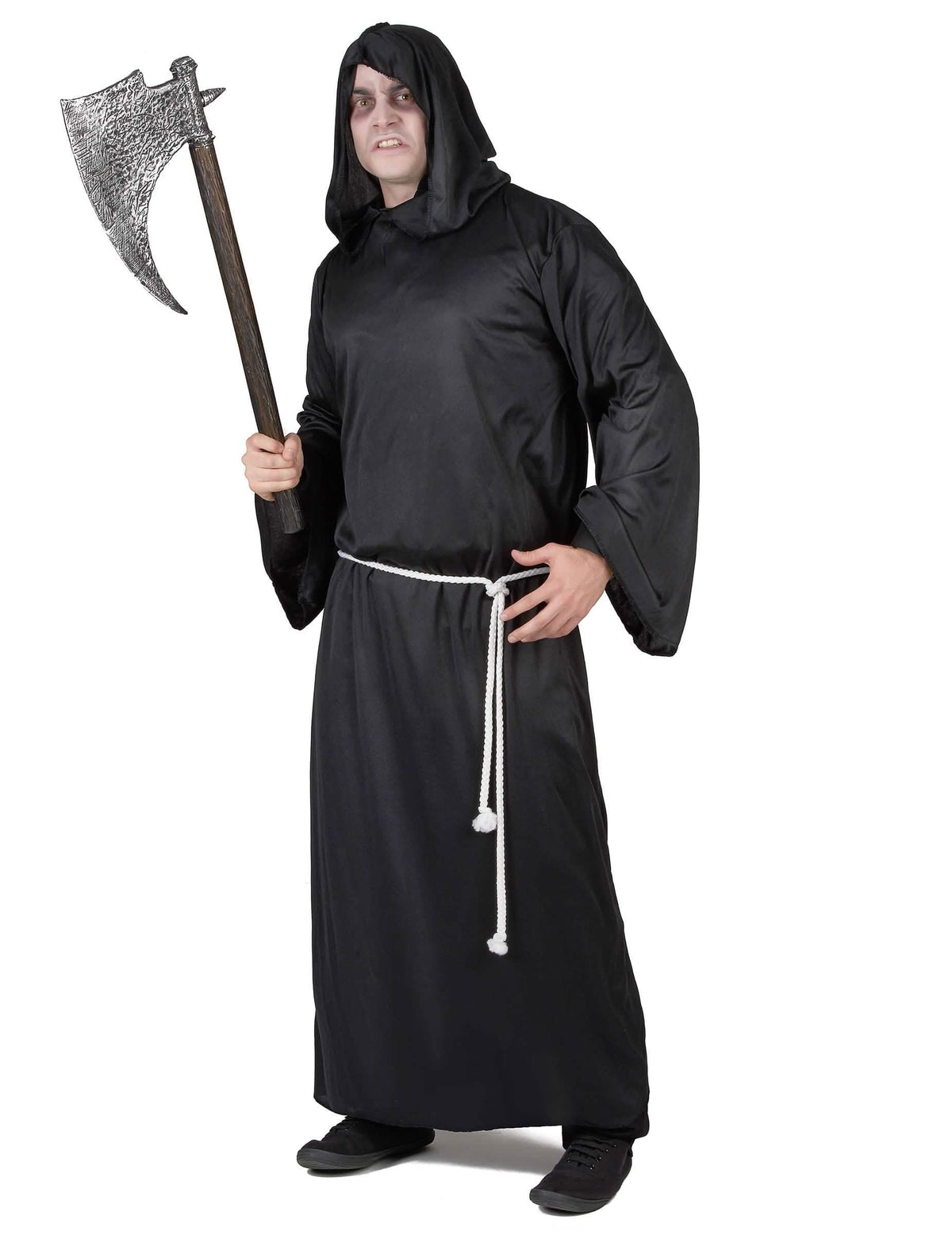 Déguisement de faucheur lugubre pour homme noir avec ceinture cordelette blanche