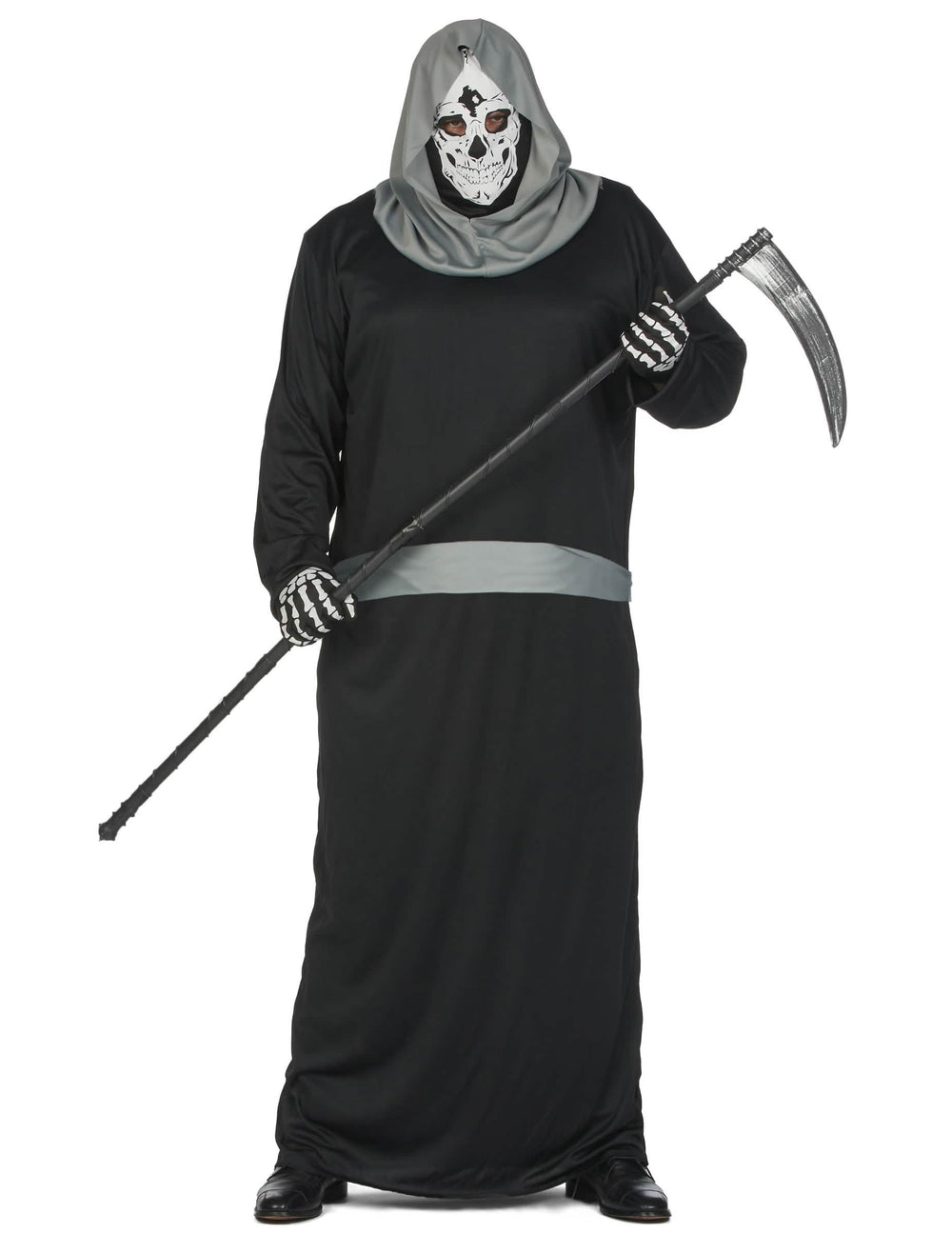 Déguisement de faucheuse terrifiante pour homme noir et gris avec masque de crâne et faux