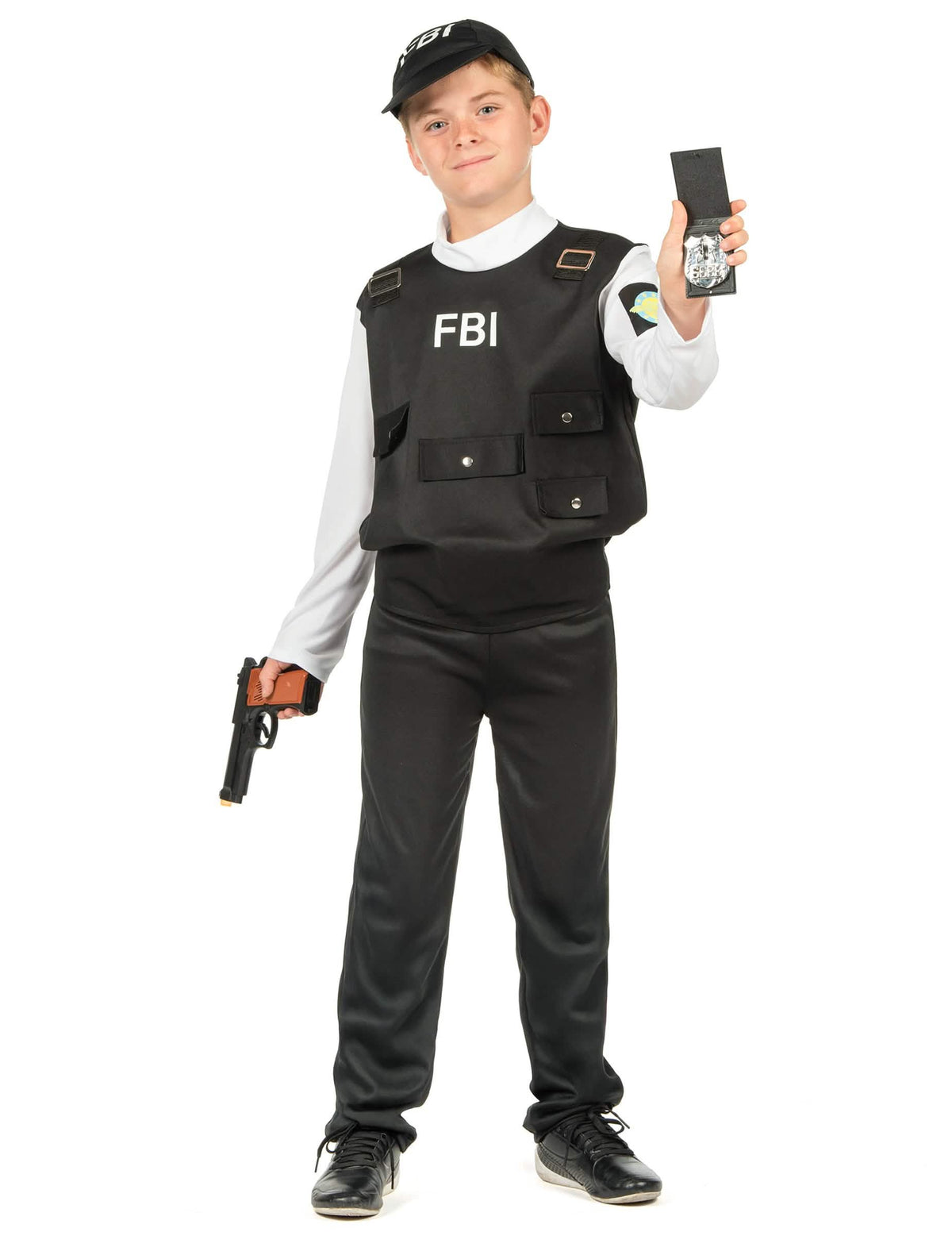 Edestä näkyvä FBI-naamiaisasu lapsille, merkki ja lelupyssyt mukana