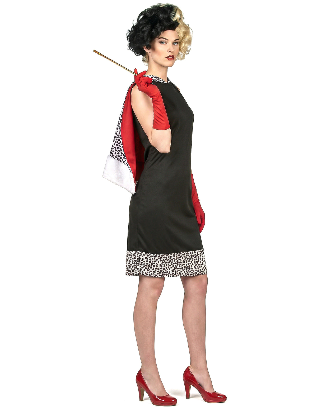Déguisement de femme cruelle pour femme noir avec gants rouges et étole à pois dalmatiens