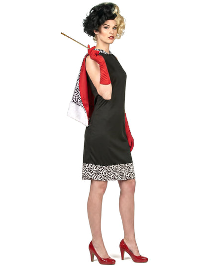 Déguisement de femme cruelle pour femme noir avec gants rouges et étole à pois dalmatiens