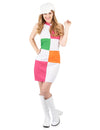 Déguisement disco pour femme multicolore à carreaux avec casquette blanche