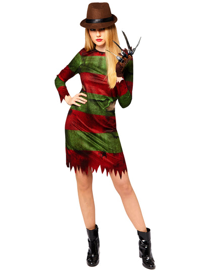 Déguisement Freddy Krueger pour femme à rayures rouges et vertes avec chapeau et griffes
