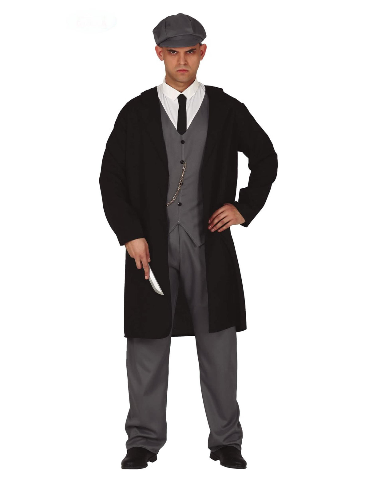 Déguisement de gangster anglais pour homme noir et gris avec casquette