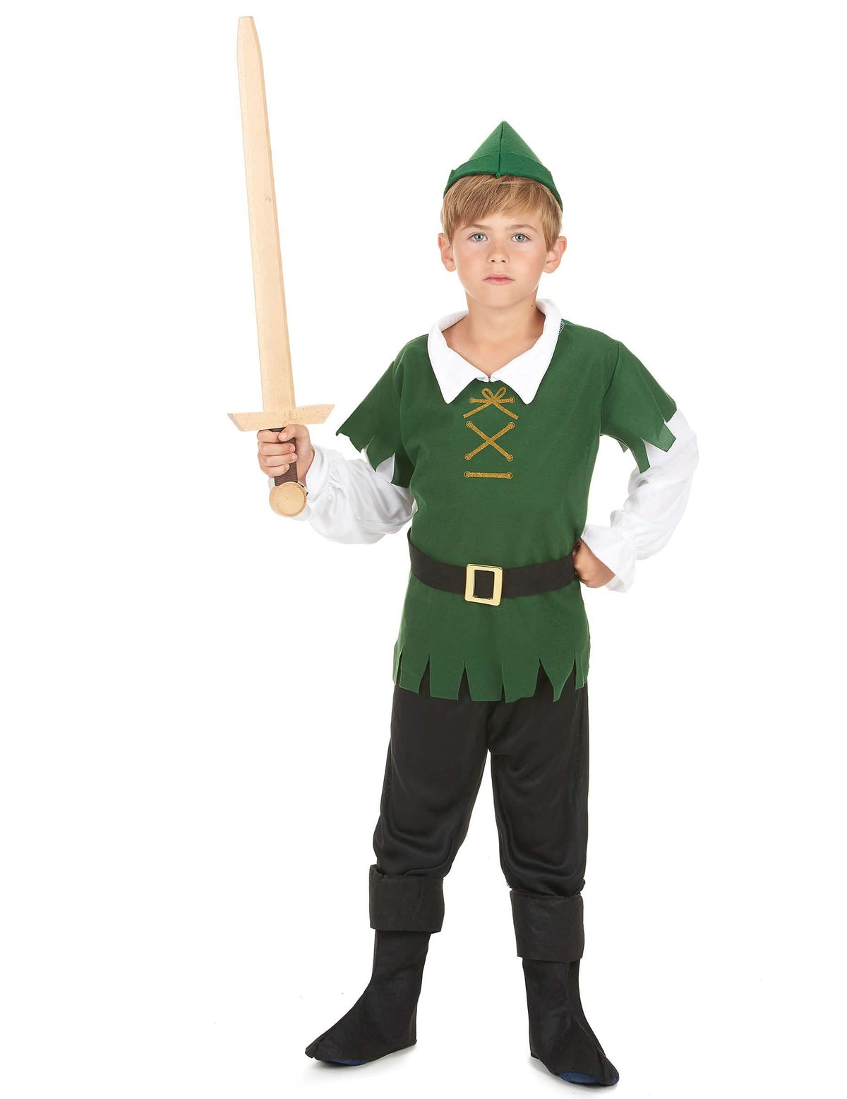 Déguisement de garçon des bois pour garçon noir et vert avec chapeau