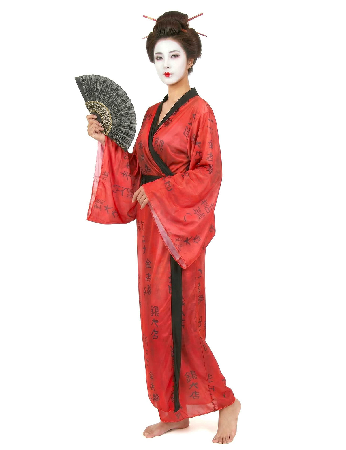 Geisha-asu naiset punainen kimono mustilla kalligrafiakuvioilla