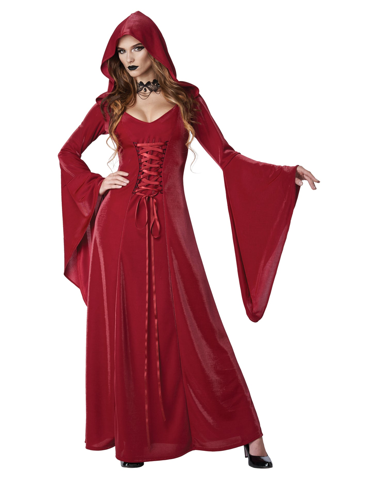 Déguisement gothique pour femme robe rouge à capuche