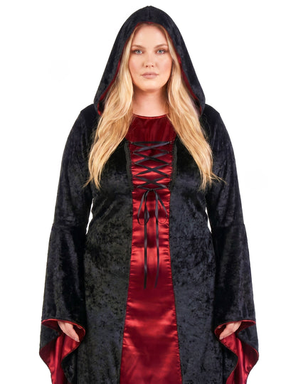 Déguisement grande taille gothique à capuche rouge et noir femme