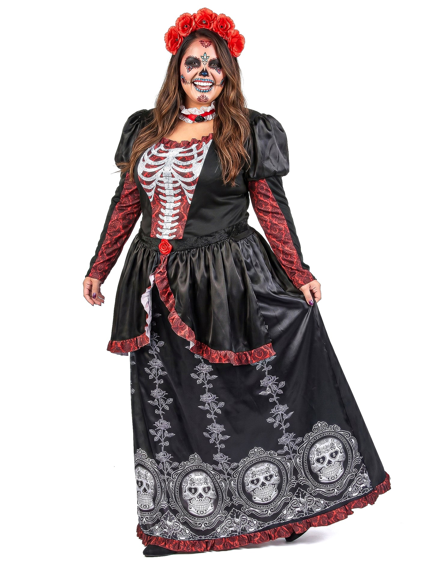Dia de los muertos naisten plus-koon pitkä mekkoasu