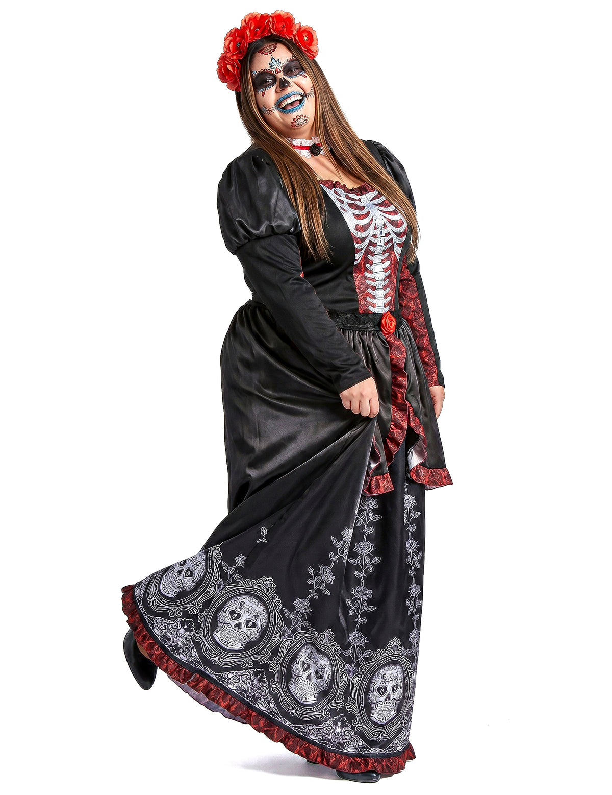 Dia de los muertos naisten plus-koon pitkä mekkoasu