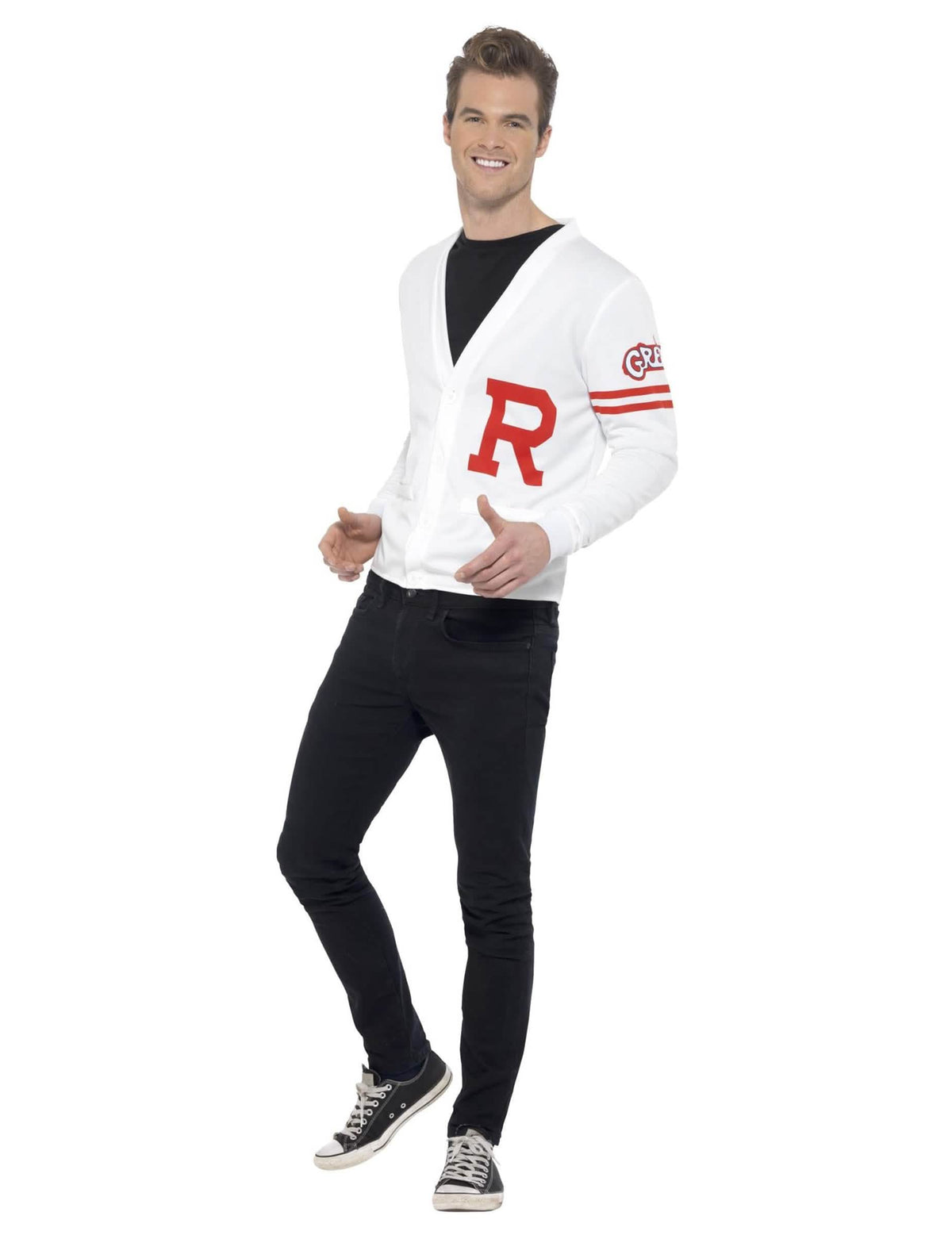Grease Rydell Prep -naamiaisasu miehille valkoinen punainen logollinen neuletakki