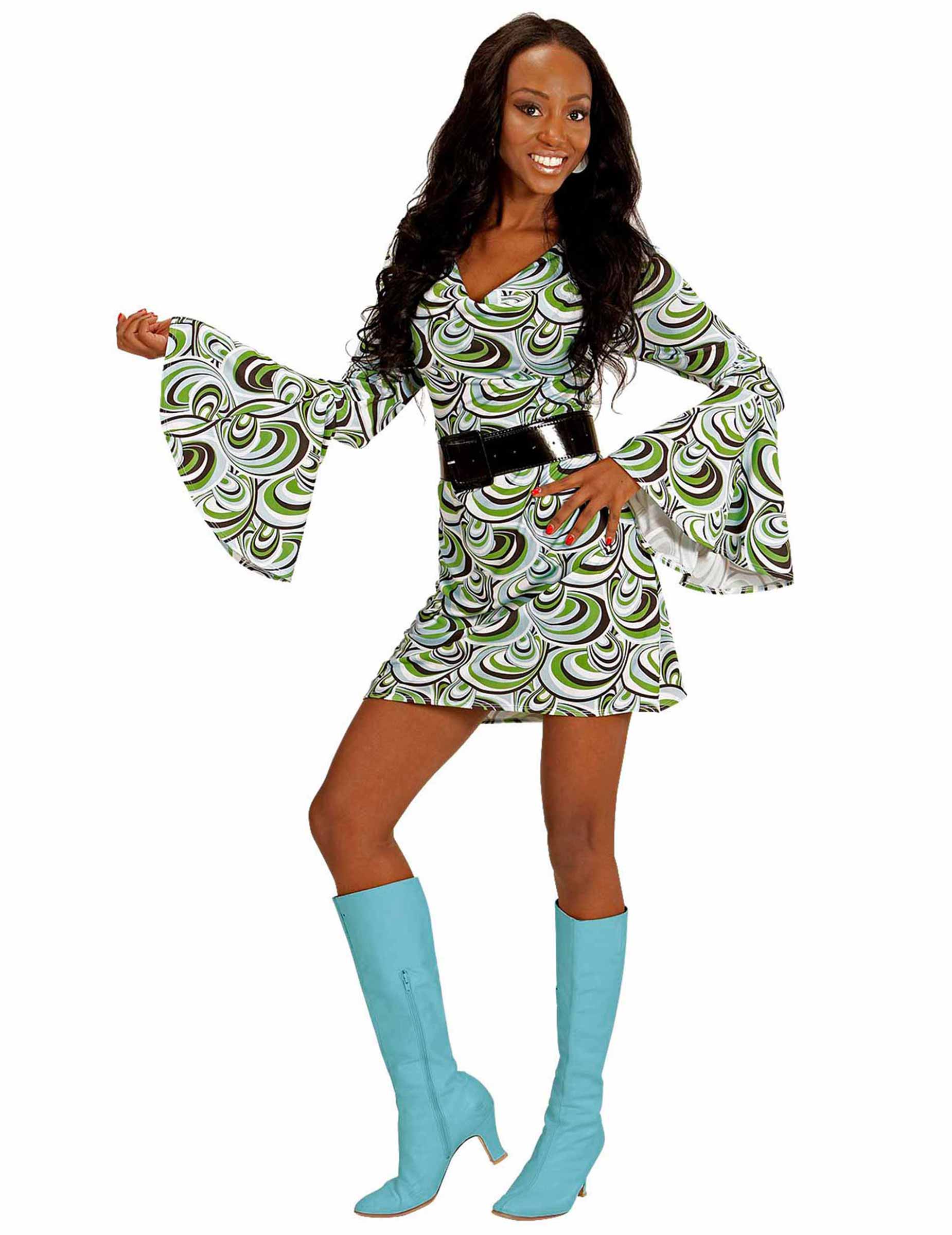 Déguisement groovy waves années 70 pour femme vert noir et blanc avec ceinture noire