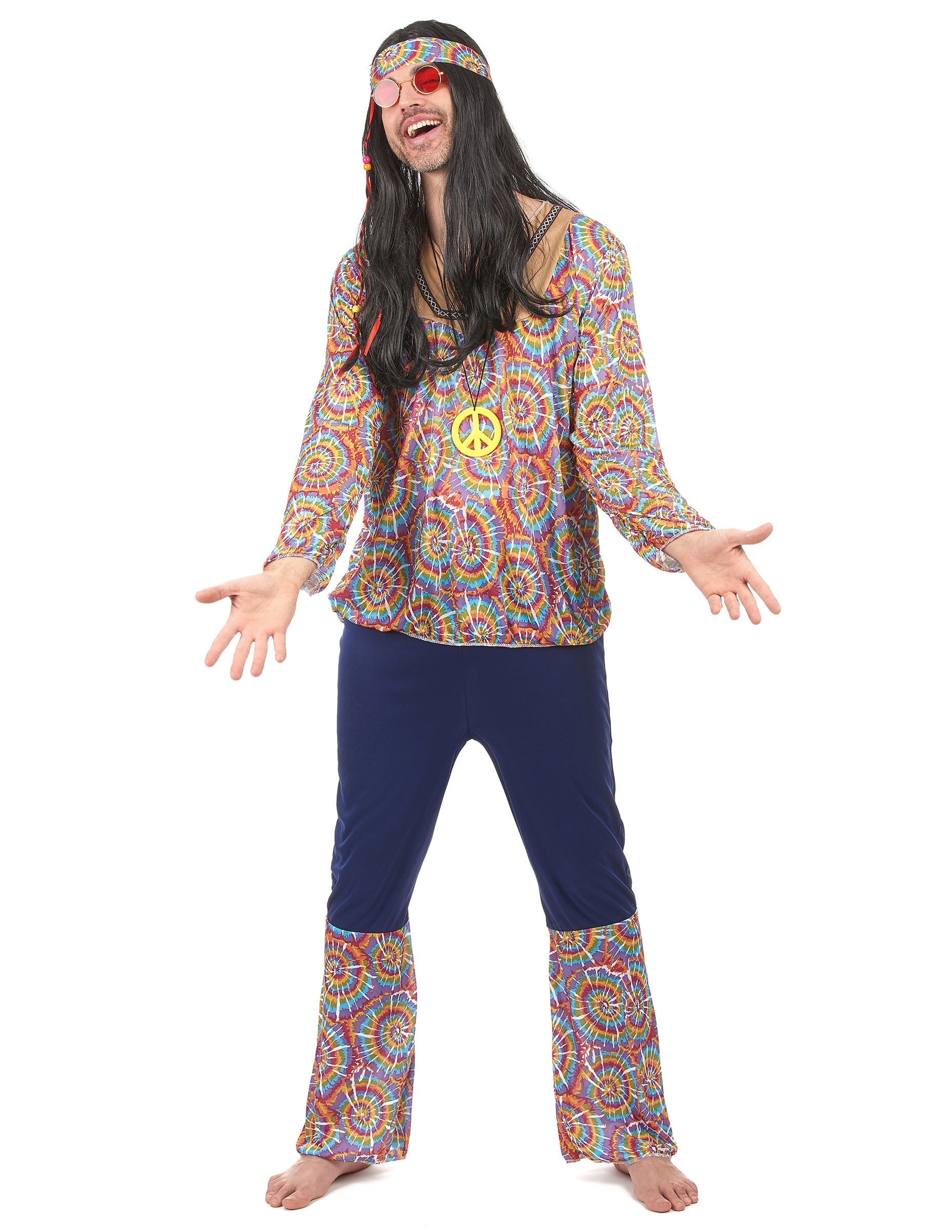 Déguisement hippie motif psychédélique pour homme multicolore avec bandeau et collier