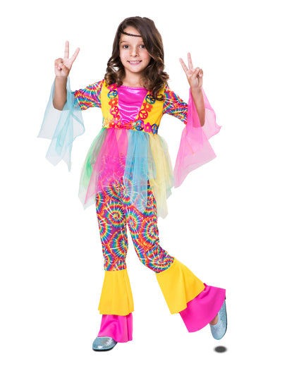 Déguisement hippie tulle pour fille multicolore avec motifs tie-dye et fleurs