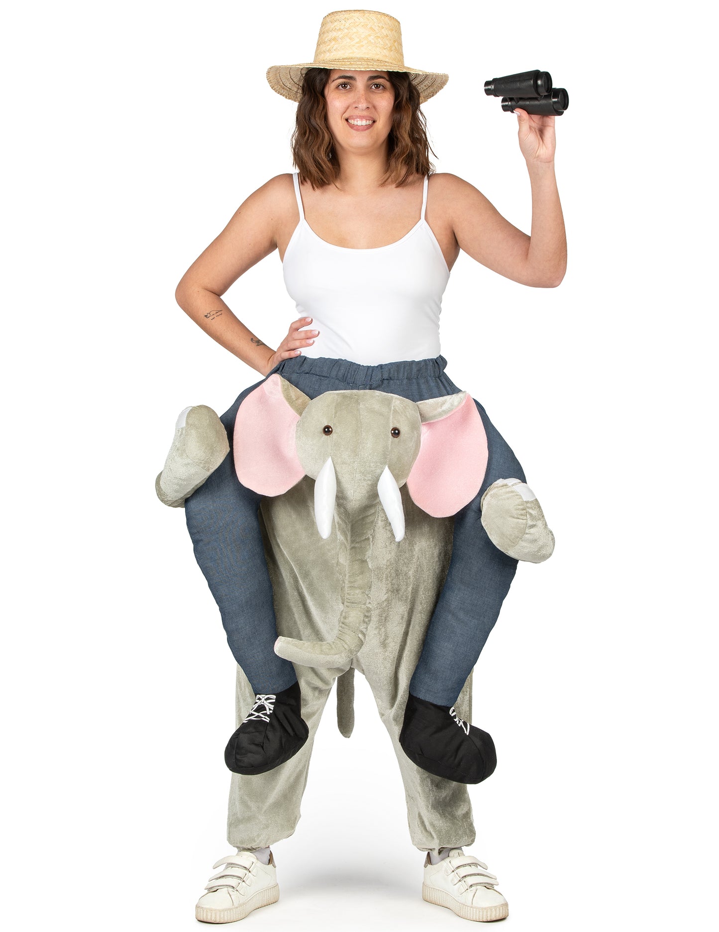 Vue d'ensemble avec accessoires de safari du déguisement à dos d'éléphant pour adulte