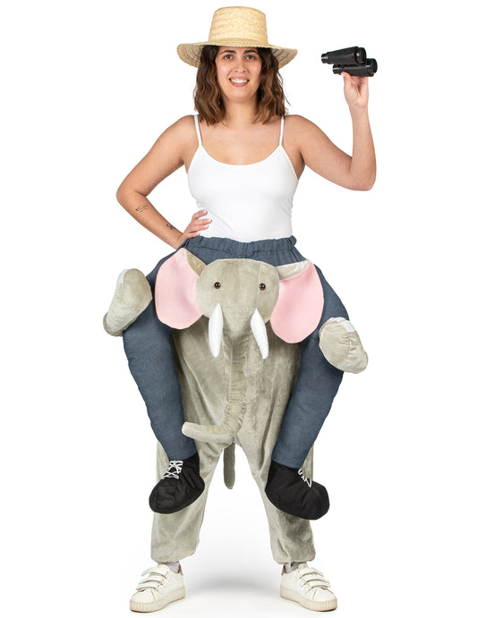 Vue d'ensemble avec accessoires de safari du déguisement à dos d'éléphant pour adulte