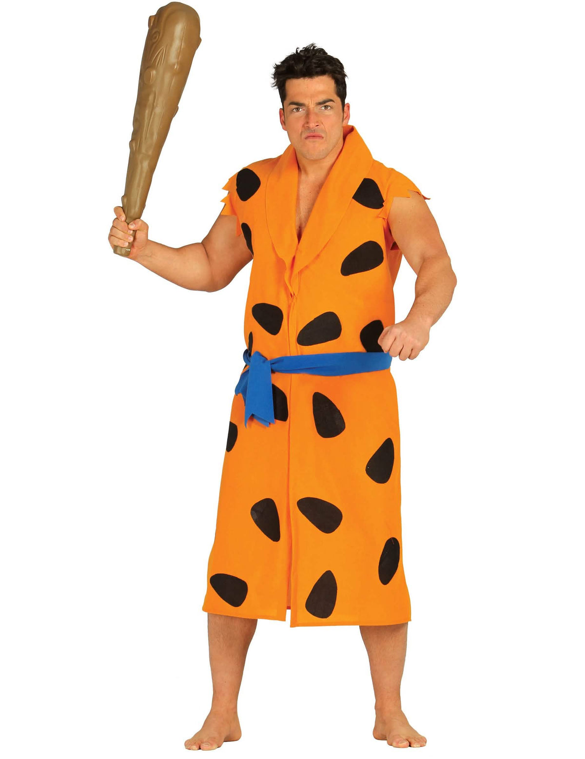Déguisement homme des cavernes pour adulte orange à taches noires avec massue