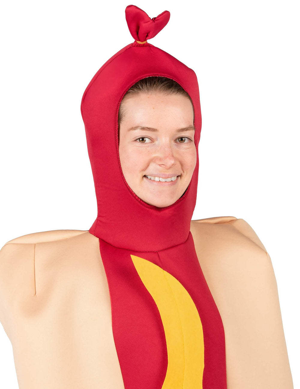 Gros plan sur la capuche du déguisement hot dog pour adulte