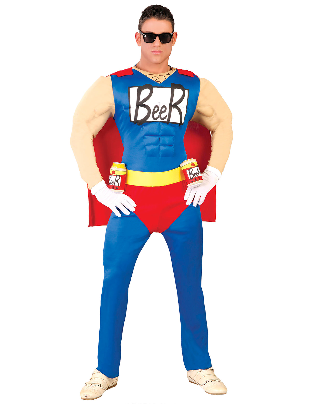 Déguisement humoristique Beerman pour adulte bleu et rouge avec cape et porte-canettes