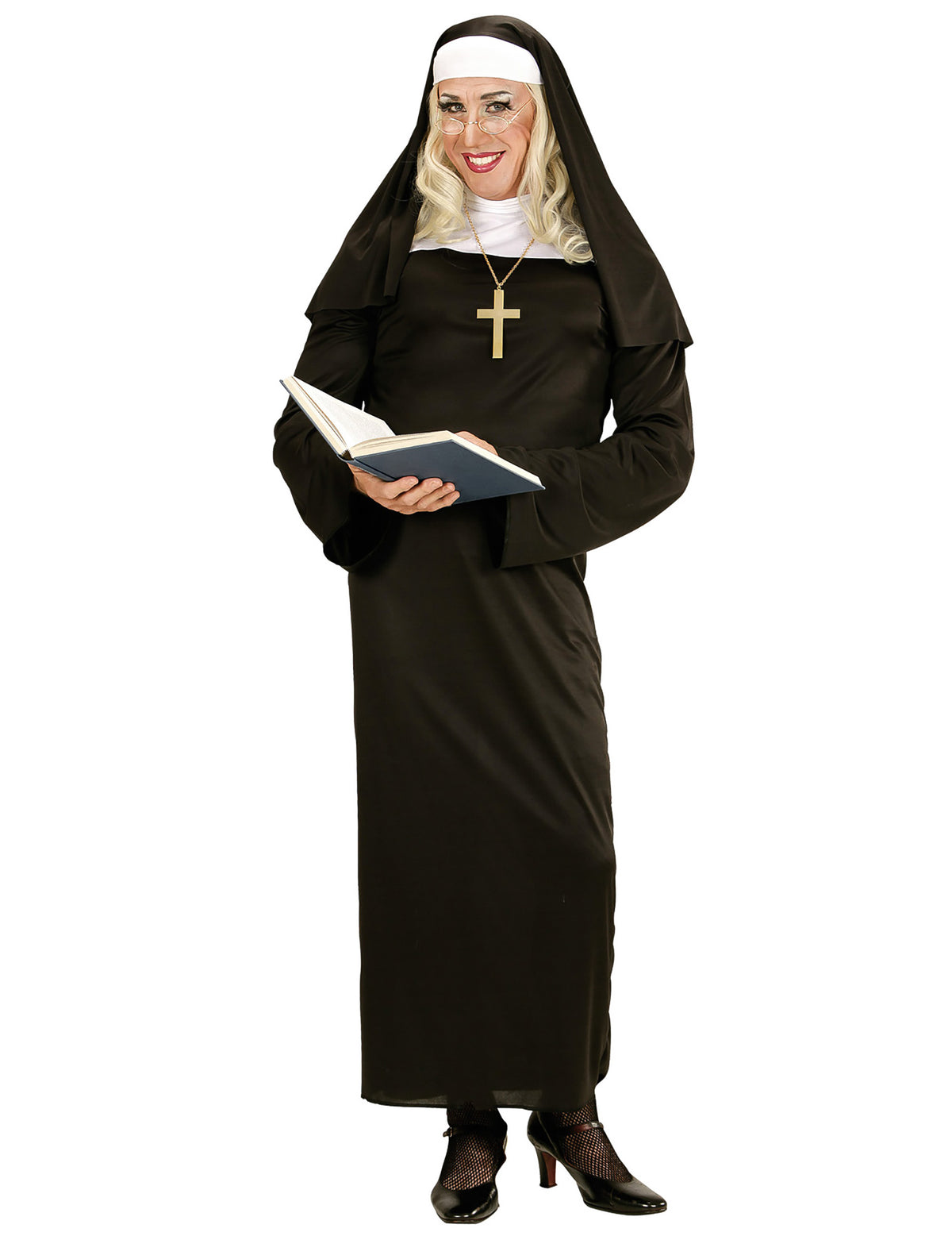 Déguisement humoristique religieuse pour adulte noir avec voile et croix dorée