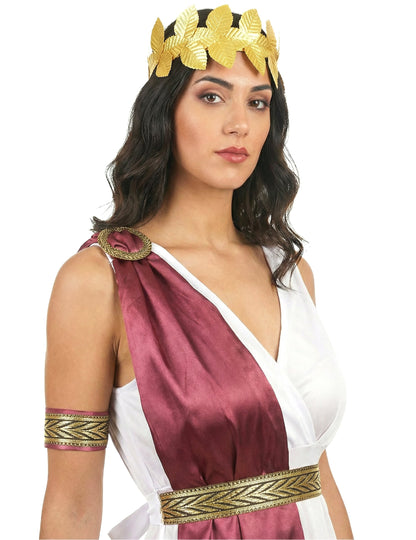 Gros plan sur la couronne et les accessoires du déguisement impératrice Grecque