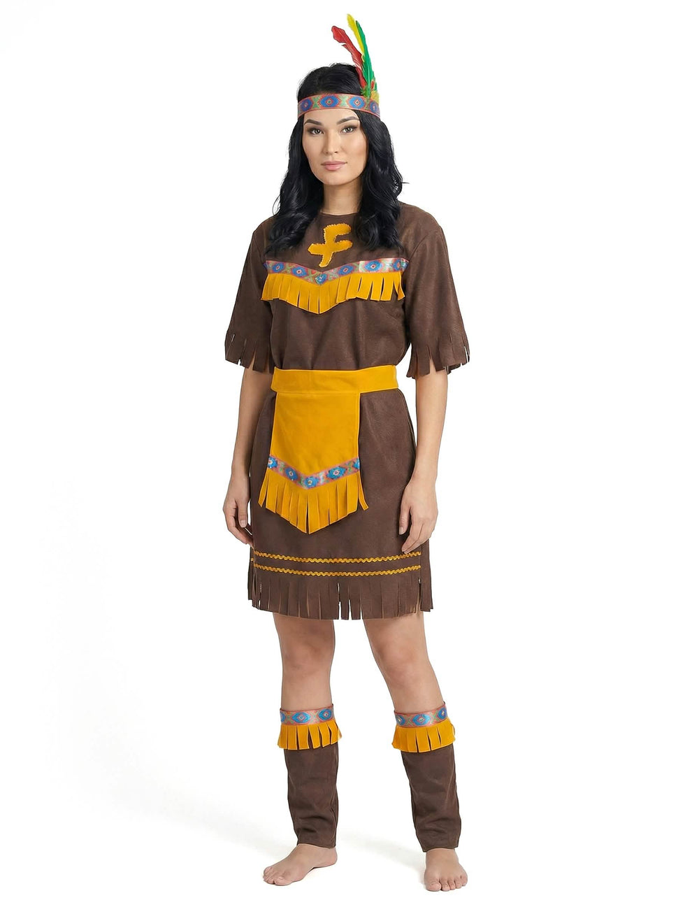 Déguisement indienne ceintrée pour femme marron et jaune avec franges