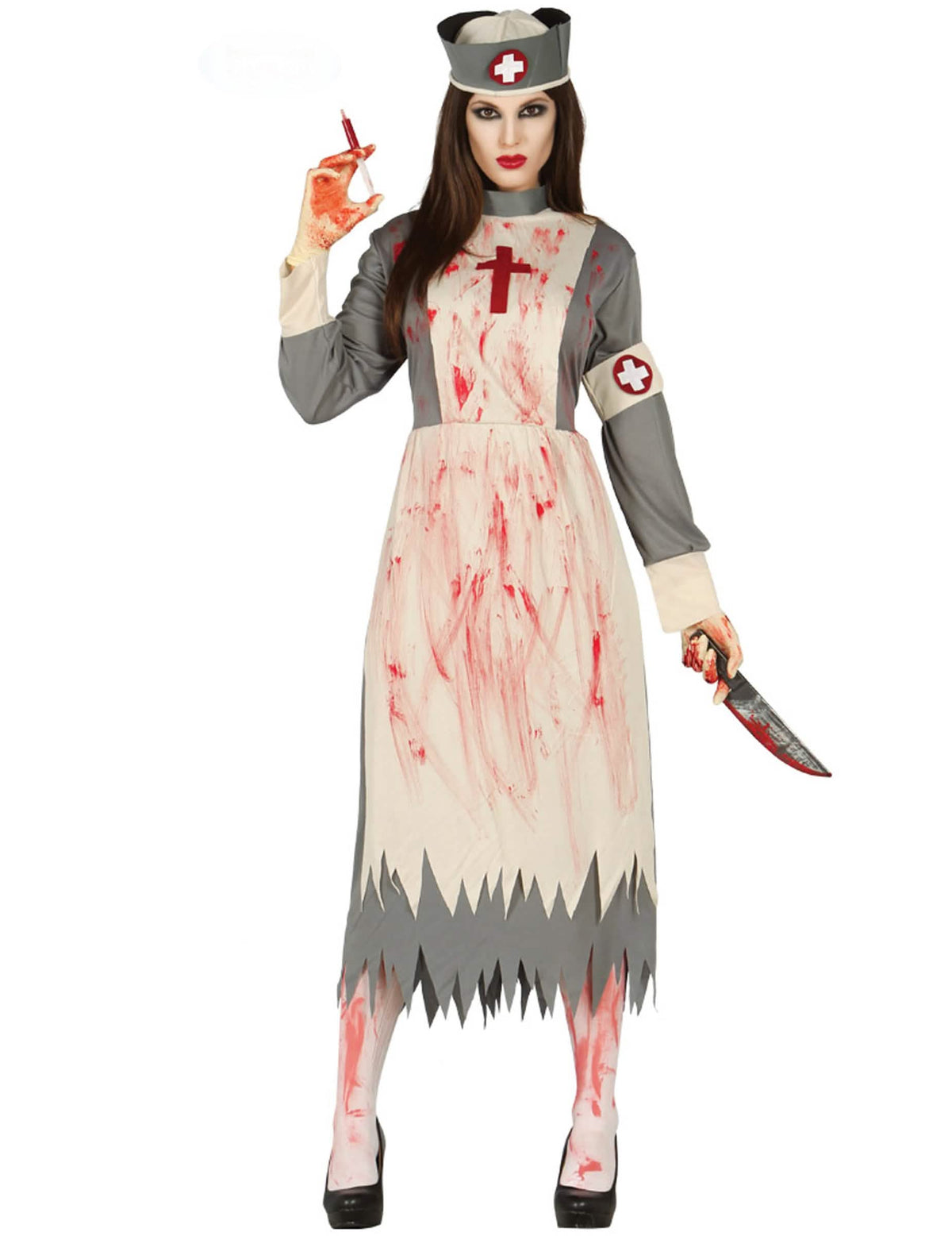 Retro zombiet -hoitajan juhla-asu naisille, harmaa ja valkoinen, verinen