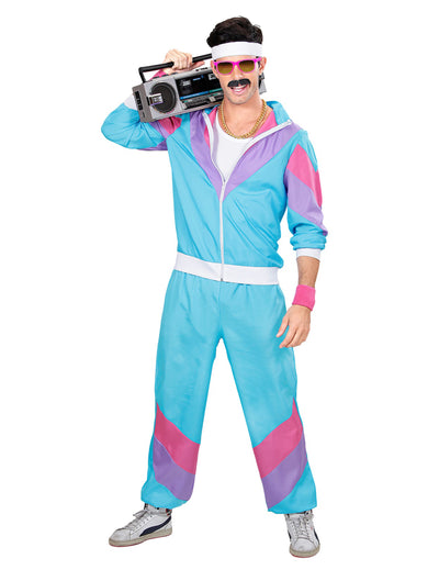Déguisement jogging 80's pour homme turquoise avec bandes roses et violettes
