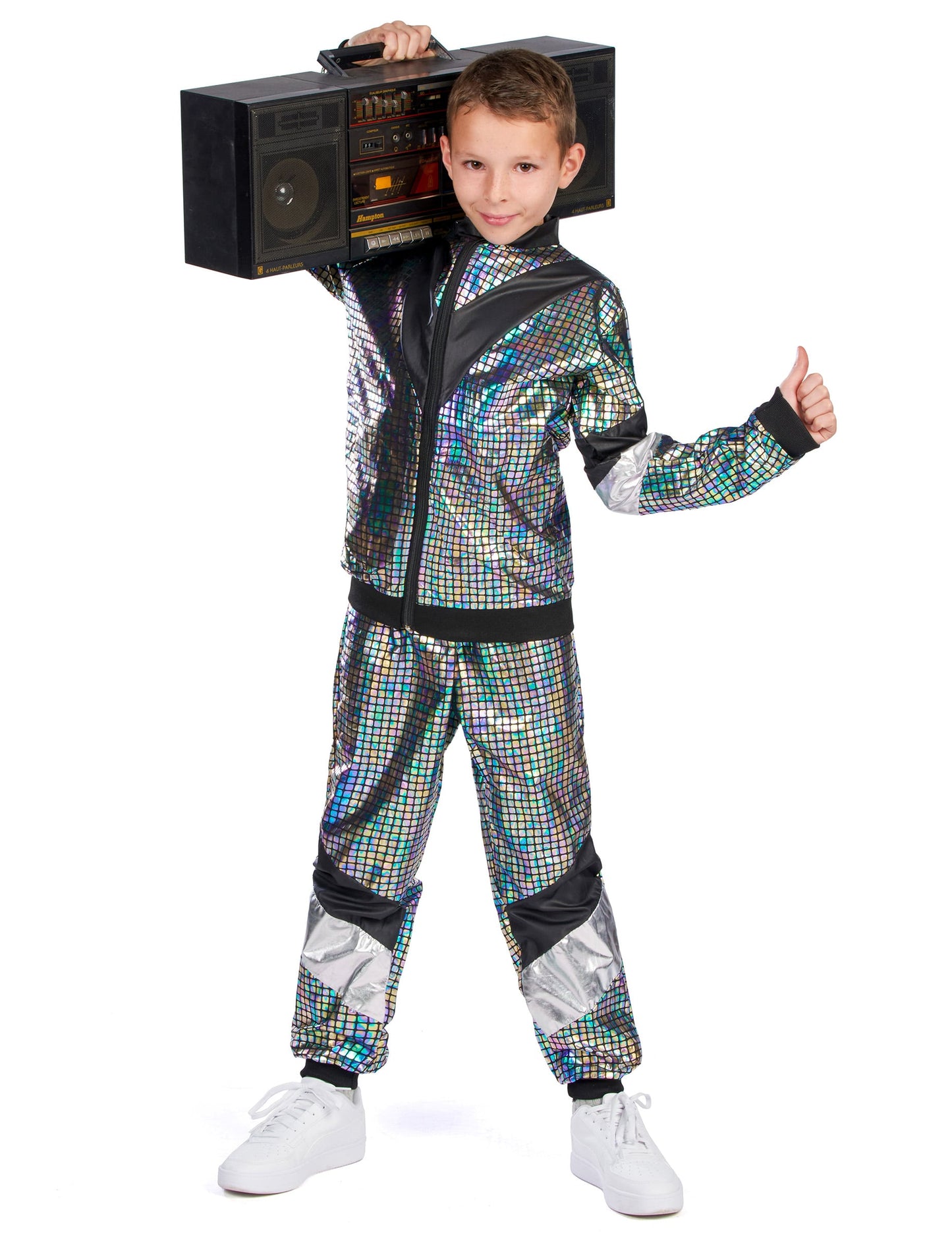 Mise en situation avec poste radio du déguisement jogging disco années 80 adolescent