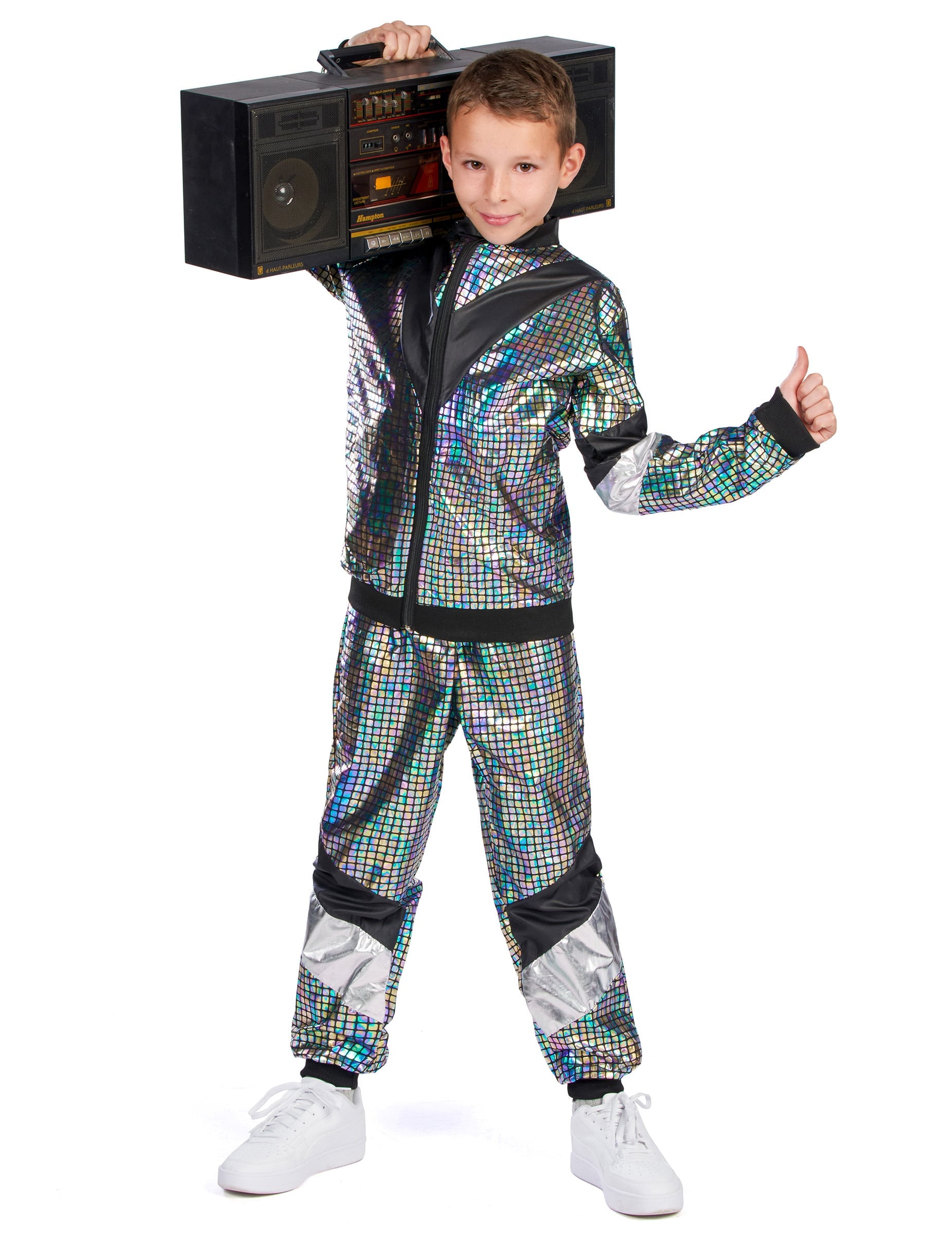 Mise en situation avec poste radio du déguisement jogging disco années 80 adolescent