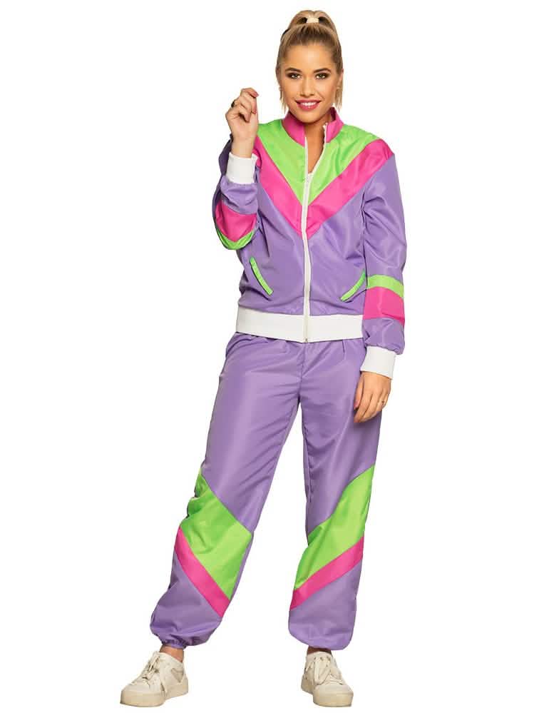 retro-juoksupuku naisille violetti vaaleanpunainen ja neon vihreä