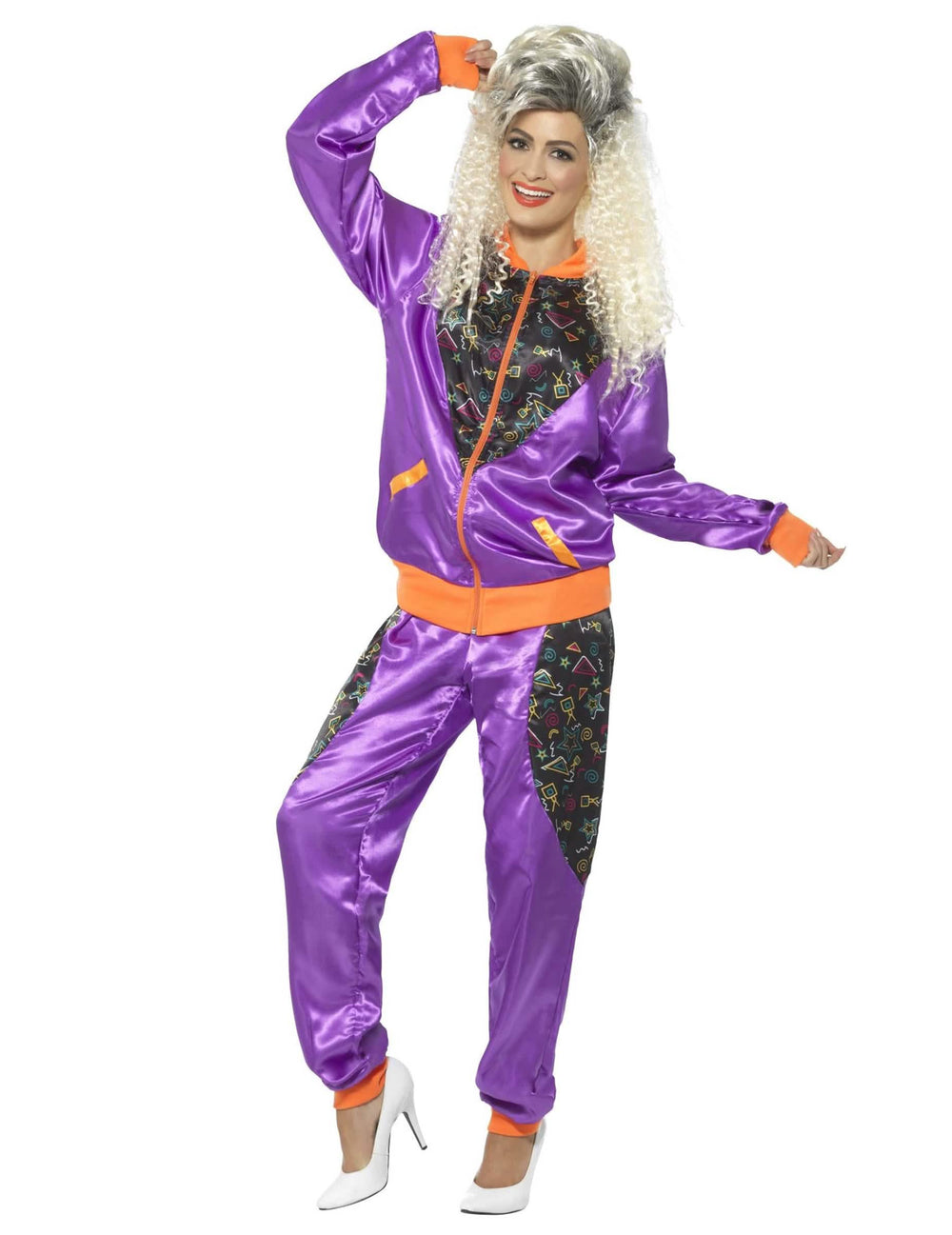retro-joggingpuku naisille violetti ja oranssi kuvioilla