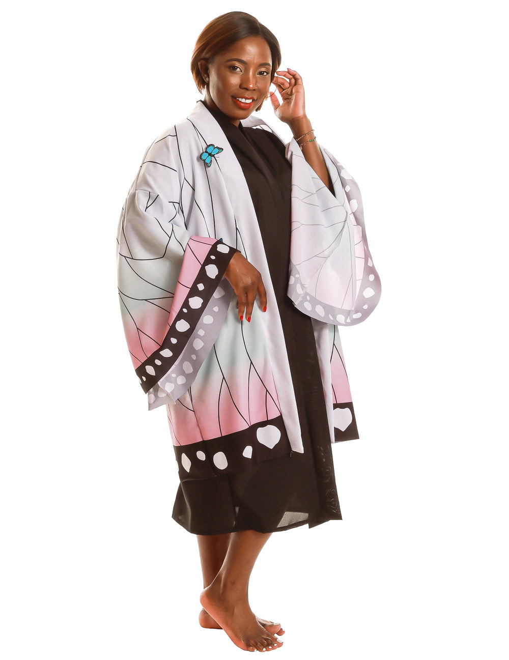 Vue de trois-quarts du déguisement kimono manga papillon pour adulte