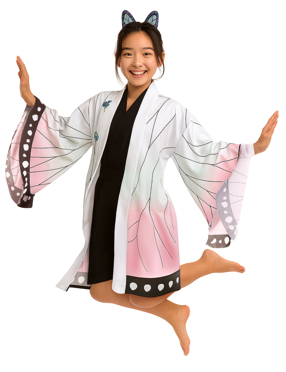 Déguisement kimono manga papillon pour adulte blanc et rose à motifs d'ailes